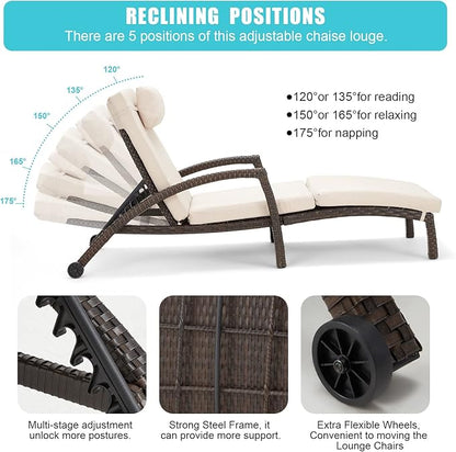 HOMREST Chaise Lounge Chairs Set of 2 for Outside, Adjustable 5 Position Outdoor PE Rattan Wicker Patio Pool Lounge Chair with Arm, Cushion, Pillow and Wheels for Poolside Backyard Deck Porch,Khaki