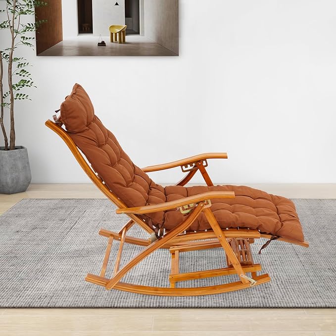 Folding Bamboo Rocking Chair, Adjustable Back Patio Reclining Chair with Headrest Pillow - Photo 8