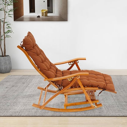 Folding Bamboo Rocking Chair, Adjustable Back Patio Reclining Chair with Headrest Pillow, Outdoor Beach Lounge Chair for Patio, Beach, Yard, Lawn, Pool