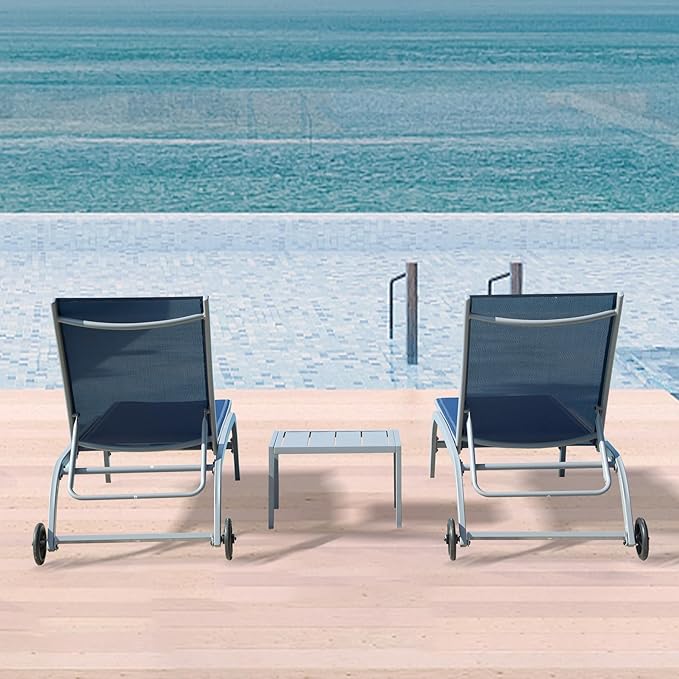 Domi Outdoor Chaise Lounge Chair with Wheels, Patio Lounge Chairs for Outside Set of 3, Sturdy Metal Frame with 5 Adjustable Position Recliner for Porch, Beach,Pool, Yard, Navy Blue