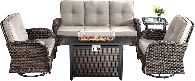 5 Pieces Patio Furniture Set with Fire Pit Table-All Weather Rattan Wicker Outdoor Couch with Outdoor Swivel Chair Outdoor Furniture for Deck Porch Garden Balcony Poolside-Brown/Beige