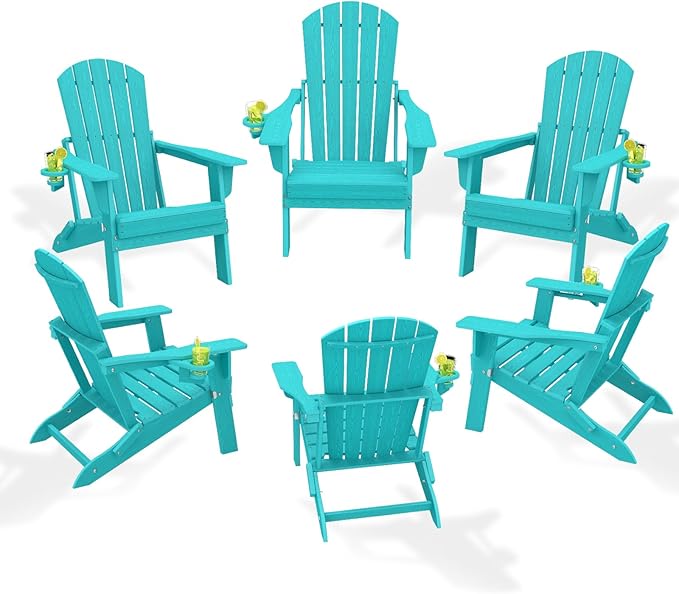 Folding Adirondack Chair Set of 6，Wooden Textured Fire Pit Chair with Cup Holder, Heavy All-Weather HDPE Plastic Outdoor Patio Chairs for Poolside Backyard Patio Outdoor Garden