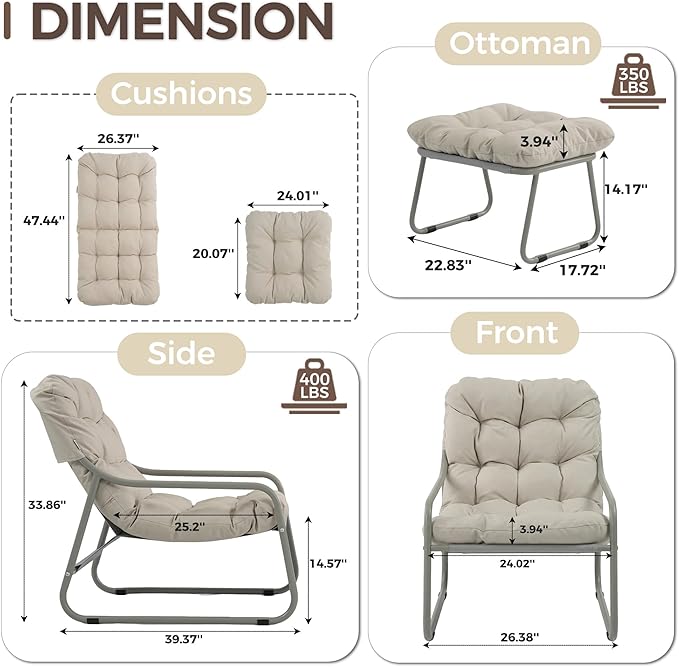 BULEXYARD 4" Thick Cushion Patio Lounge Chair, Heavy Duty Reading Chair with Ottoman, Breathable Mesh Outdoor Chair and Ottoman Set for Balcony Yard Garden Porch Poolside, Beige