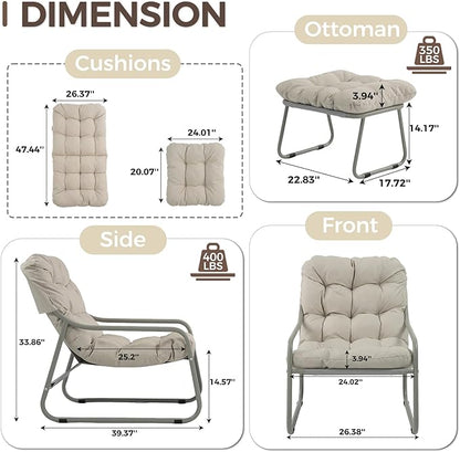 BULEXYARD 4" Thick Cushion Patio Lounge Chair, Heavy Duty Reading Chair with Ottoman, Breathable Mesh Outdoor Chair and Ottoman Set for Balcony Yard Garden Porch Poolside, Beige