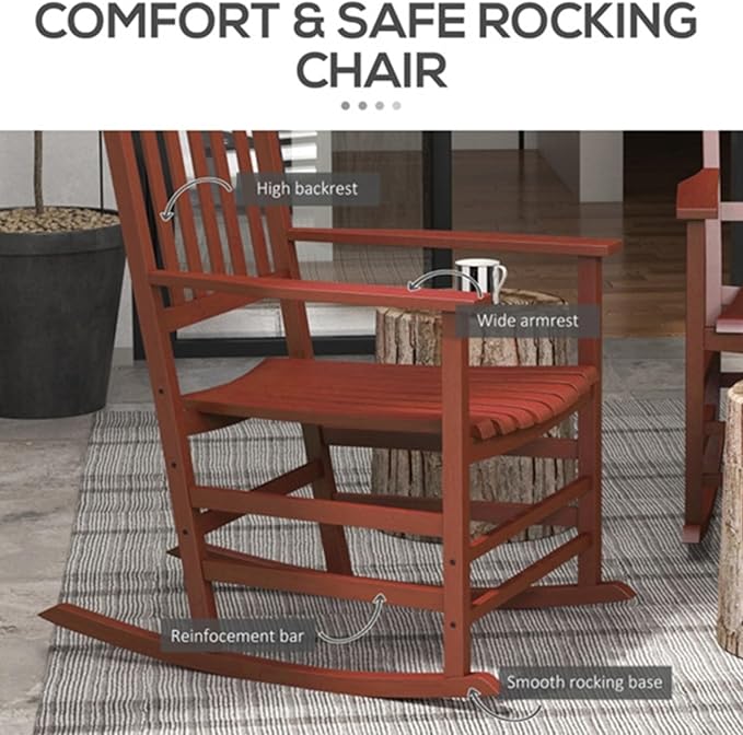 2Pcs Wooden Rocking Chairs, Wood Classic Slatted Patio Porch Rockers for Porches, Backyards, Poolside Balconies, Decks(Red)