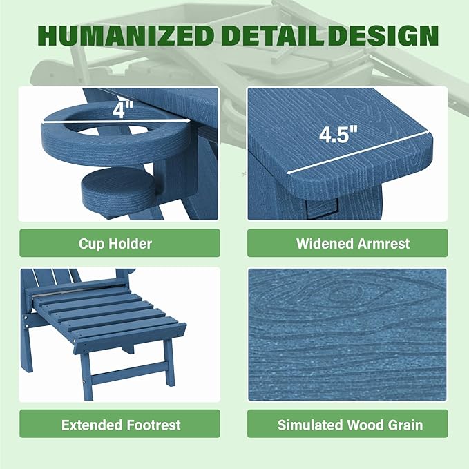 LOUNZY Folding Adjustable Adirondack Chair with Retractable Ottoman, HDPE Recliner Adirondack Chair with Cup Holder for Deck Lawn Fire Pit, Navy