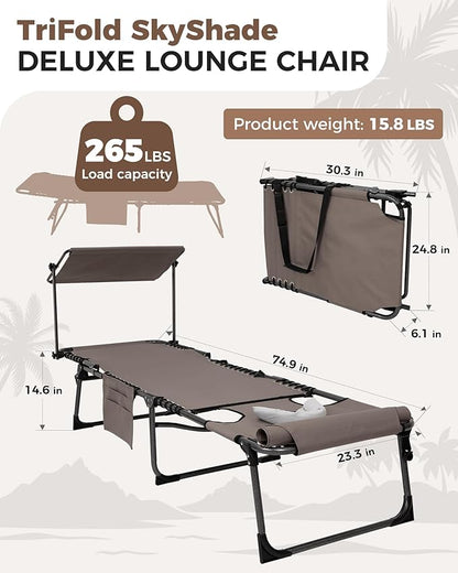 KingCamp Tanning Chair with Face Hole, Lounge Chairs Outdoor Folding Comfy Adjustable 5-Position Foldable Chaise Chaser with Canopy Shade for Outside Beach Patio Sun Bathing, Beige