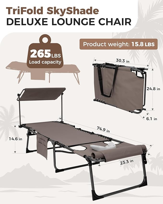 KingCamp 2 Pack Tanning Chair with Face Hole, Lounge Chairs Outdoor Folding Portable Comfy Adjustable 5-Position Foldable Chaise Chaser with Canopy Shade for Outside Beach, Beige
