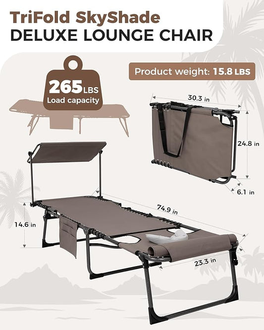 KingCamp 2 Pack Tanning Chair with Face Hole, Lounge Chairs Outdoor Folding Portable Comfy Adjustable 5-Position Foldable Chaise Chaser with Canopy Shade for Outside Beach, Beige