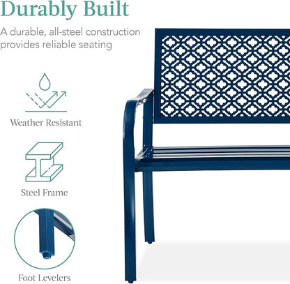 Best Choice Products Outdoor Bench 2-Person Metal Steel Benches Furniture for Garden, Patio, Porch, Entryway w/Geometric Backrest, 790lb Capacity - Peacock Blue