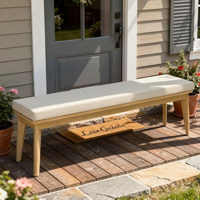 Acacia Outdoor Bench, 59" L×15.82" W Porch Bench with Removable and Washable Cushion, All-Weather Solid Wood Outside Chair for Proch Garden, Lawn