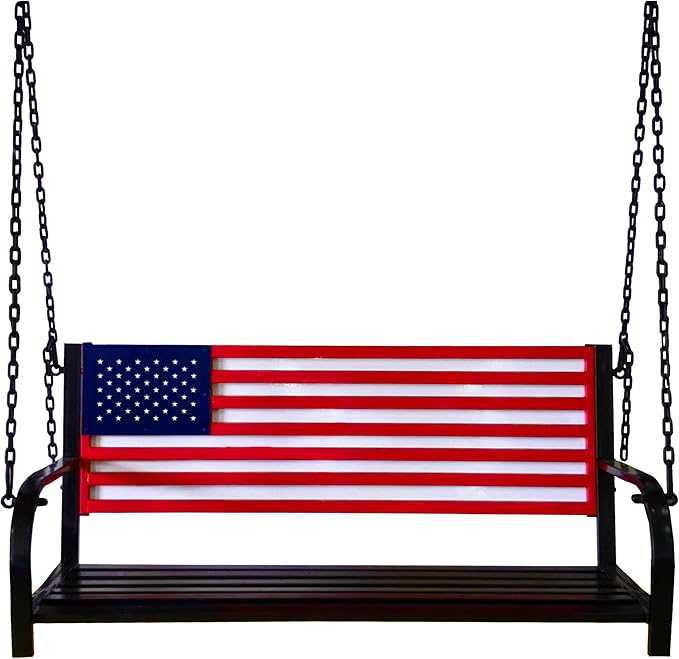 Backyard Expressions Patio · Home · Garden 908353-NM Outdoor Porch Metal American Flag Patio Swing-Red - Photo 1