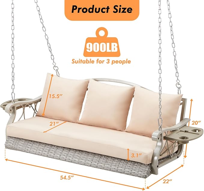 3-Person Wicker Porch Swing Chair Heavy Duty 900 LBS Outdoor Rattan Patio Swing Chair w/Cup-Holder & Steel Chains - Photo 6