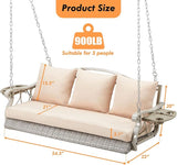 3-Person Wicker Porch Swing Chair Heavy Duty 900 LBS Outdoor Rattan Patio Swing Chair w/Cup-Holder & Steel Chains - Photo 6