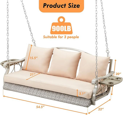 3-Person Wicker Porch Swing Chair Heavy Duty 900 LBS Outdoor Rattan Patio Swing Chair w/Cup-Holder & Steel Chains Hanging Bench Porch Swing Cushions for Deck & Backyard & Garden