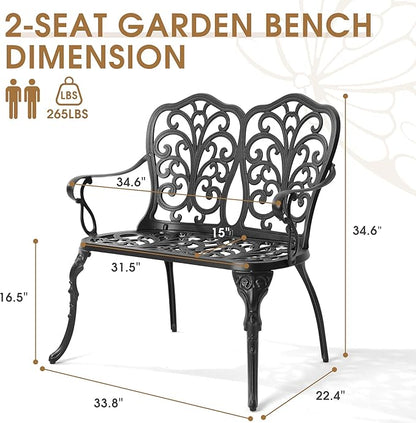 Outdoor Bench, Cast Aluminum Double Seating with Backrest and Armrests, Mental Outdoor Furniture for Patio, Porch, Garden, Park, Black Butterfly