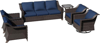 6 Pieces Patio Conversation Furniture Set - 1 Sofa, 2 Swivel Chairs, 2 Armchairs, 1 Side Table, Outdoor Wicker Furniture with Removable Cushions for Porch, Balcony, Sunroom (Blue)