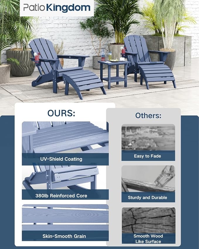 Adirondack Chair with Footrest,Folding Adirondack Chair with Retractable Ottoman,HDPE All Weather Fire Pit Chair with Cup Holder,2-Piece (Navy Blue, 1 Chair &1 footrest)