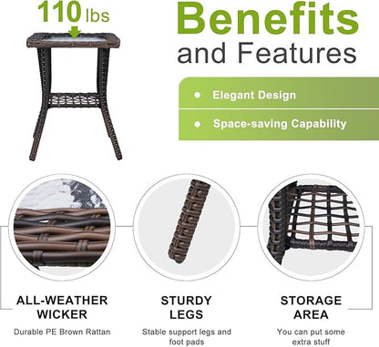Outvita Outdoor Side Table, Patio Rattan Coffee Table Small End Table with Glass Tabletop and Storage Shelf for Patio Porch Backyard Balcony Living Room