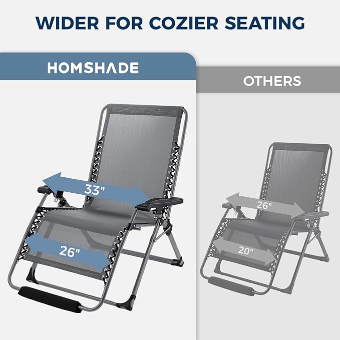 HOMSHADE XXL Zero Gravity Chair with Cushion, 33In Oversized Zero Gravity Lounge Chair, Patio Outdoor Recliner Chair for Indoor Outdoor with Headrest, Cup Holder, Footrest Support 500Lbs, Grey