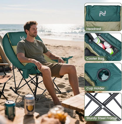 ABORON Oversized Rocking Camping Chair for Adults, Fully Padded Folding Outdoor Lawn Chair with Cooler Bag & Side Pocket, Portable Recliner Chair for Camp, Patio, Backyard, Supports 400 lbs