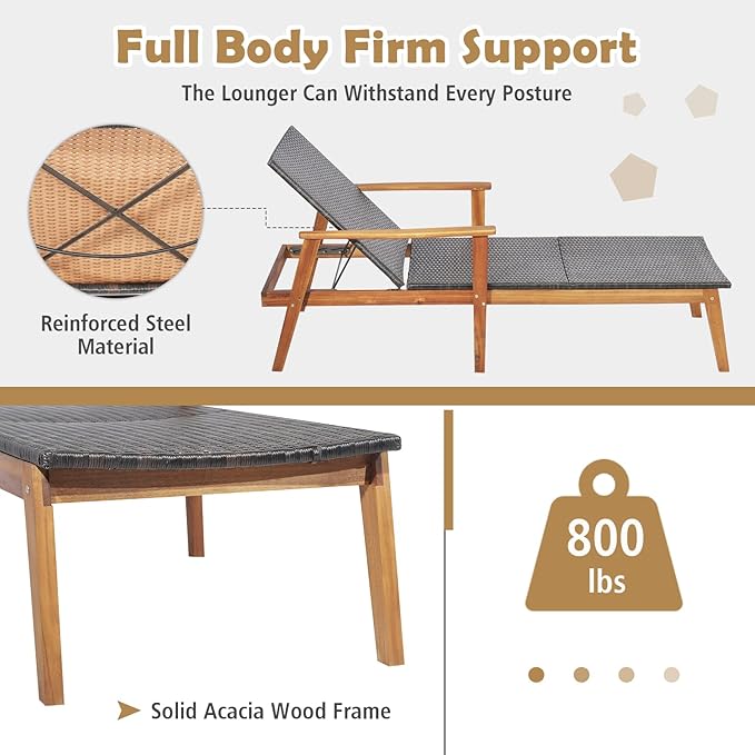 COSTWAY Patio Rattan Chaise Lounge Chair Recliner Back Adjustable Acacia Wood Garden - Photo 9
