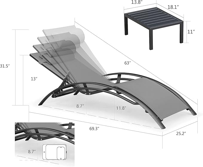 PURPLE LEAF Patio Chaise Lounge with 10' x 6.5' Tilt Umbrella Outdoor Lounge Chair Beach Pool Sunbathing Lawn Lounger, Base and Side Table Included, Grey