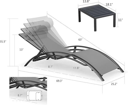 PURPLE LEAF Patio Chaise Lounge with 10' x 6.5' Tilt Umbrella Outdoor Lounge Chair Beach Pool Sunbathing Lawn Lounger, Base and Side Table Included, Grey