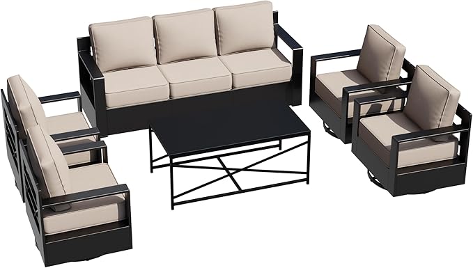 Outdoor Aluminum Furniture Set, 5-Piece Patio Conversation Set, 4 Swivel Chairs, 1 Sofa and 1 Table, All-Weather Metal Frame, 6" Thick Removable Cushions, Deep Setting for Garden, Porch