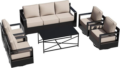 Outdoor Aluminum Furniture Set, 5-Piece Patio Conversation Set, 4 Swivel Chairs, 1 Sofa and 1 Table, All-Weather Metal Frame, 6" Thick Removable Cushions, Deep Setting for Garden, Porch