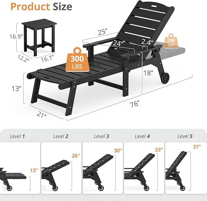 LUE BONA Chaise Lounge Chair with Table, 6-Piece, HDPS Chaise Lounger, 5 Positions Adjustable Lounge Chairs - Photo 2