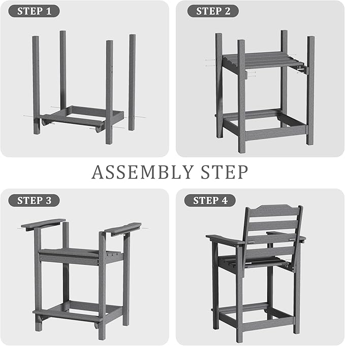 Tall Adirondack Bar Stools Set of 2 with Connecting Tray, Counter Height Patio Chairs, All Weather HDPE Balcony Stools for Outdoor Deck & Garden, Gray