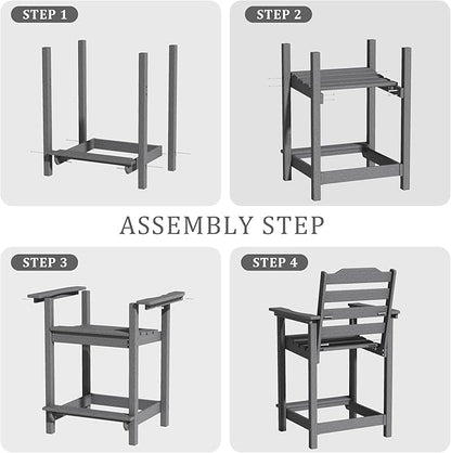Tall Adirondack Bar Stools Set of 2 with Connecting Tray, Counter Height Patio Chairs, All Weather HDPE Balcony Stools for Outdoor Deck & Garden, Gray