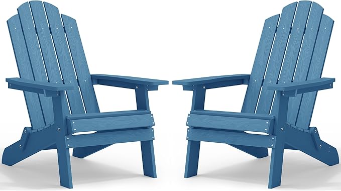 MXIMU Folding Adirondack Chair for Outdoor: Easy to Assemble and Comfortable Adirondack Chairs Set of 2 - All Weather Composite Plastic Chair for Outside Fire Pit Patio Lawn Garden Backyard Use(Navy)