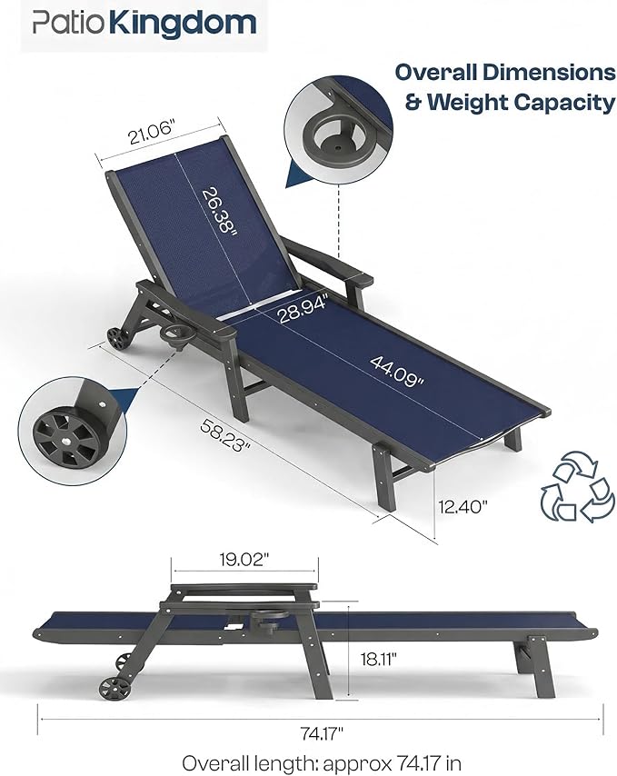 Patio Chaise Lounge Chair with Wheels & Cup Holder - Photo 5