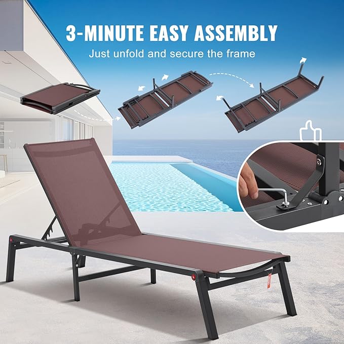 VEVOR 2 Pcs Chaise Lounge Chairs Outdoor, Aluminum Patio Lounge Chair with Adjustable 5-Position - Photo 7