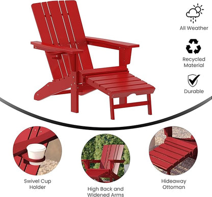 Flash Furniture Halifax Poly Resin Adirondack Chair with Cup Holder and Pull Out Ottoman, All-Weather Poly Resin Indoor/Outdoor Lounge Chair, Red