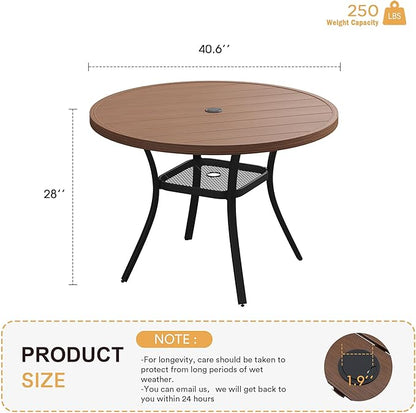 VICLLAX Round Patio Table with Adjustable Umbrella Hole, All Weather Outdoor Round Dining Table for Lawn Garden, 41.2"x 28" Walnut Wood-Like Outdoor Coffee Table