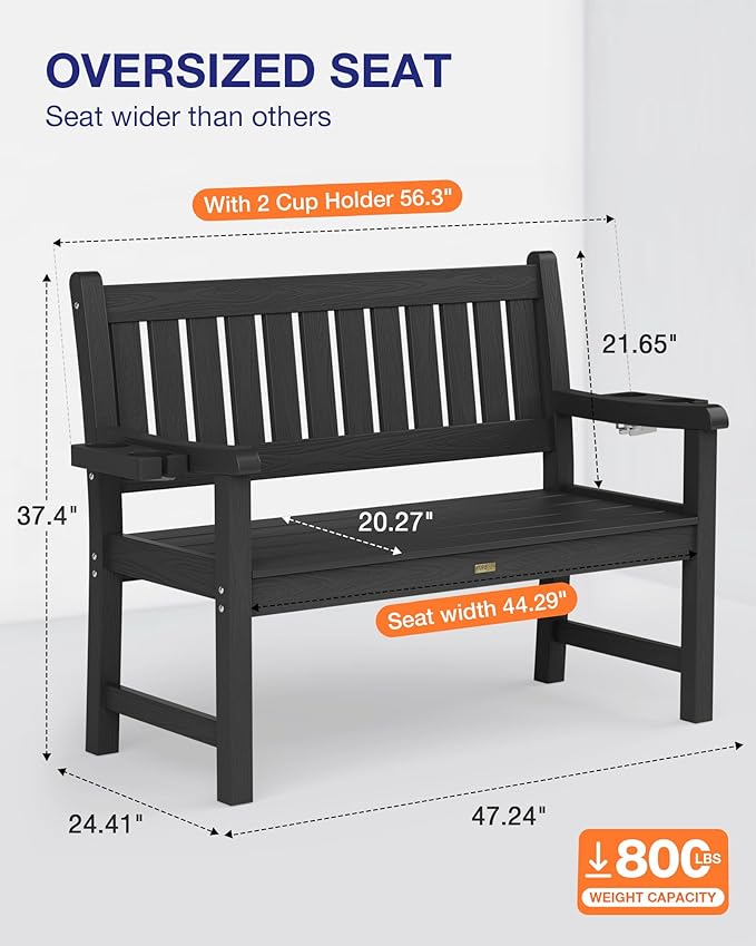 YEFU Outdoor Bench for Patio Waterproof: Heavy Duty 2-Person Garden Bench Set of 2 with 2 Cup Holders & Oversized Seating - HIPS Weatherproof Patio Benches for Front Porch Backyard Park, Black