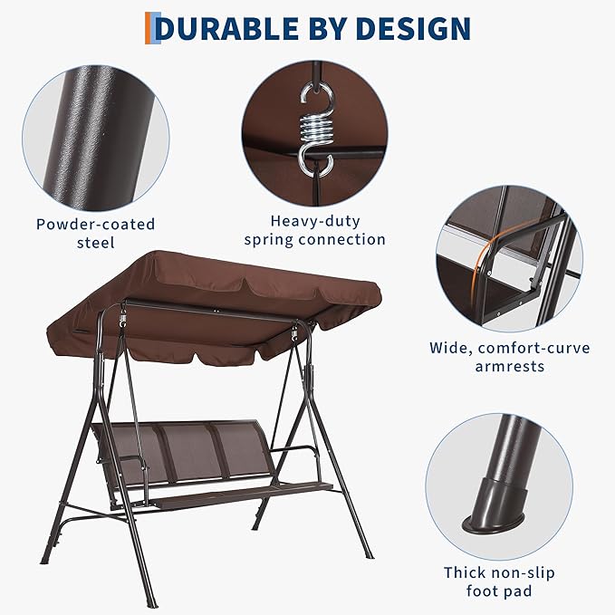Porch Swing with Adjustable Canopy for Adults 3-Seat Outdoor Waterproof Textilene & Steel Frame Patio Swing Bench for Backyard Lawn Garden Brown