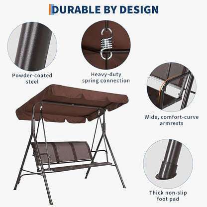 Porch Swing with Adjustable Canopy for Adults 3-Seat Outdoor Waterproof Textilene & Steel Frame Patio Swing Bench for Backyard Lawn Garden Brown