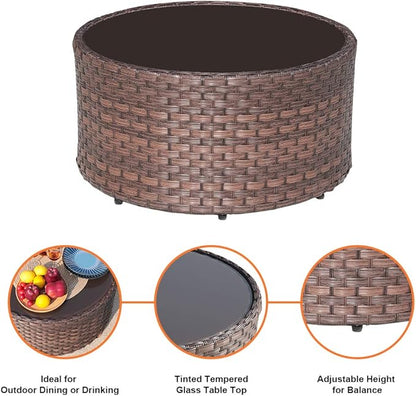 SUNSITT Round Outdoor Coffee Table with Tempered Glass Top, 28in Rattan PE Resin Wicker Patio Side Table, Brown