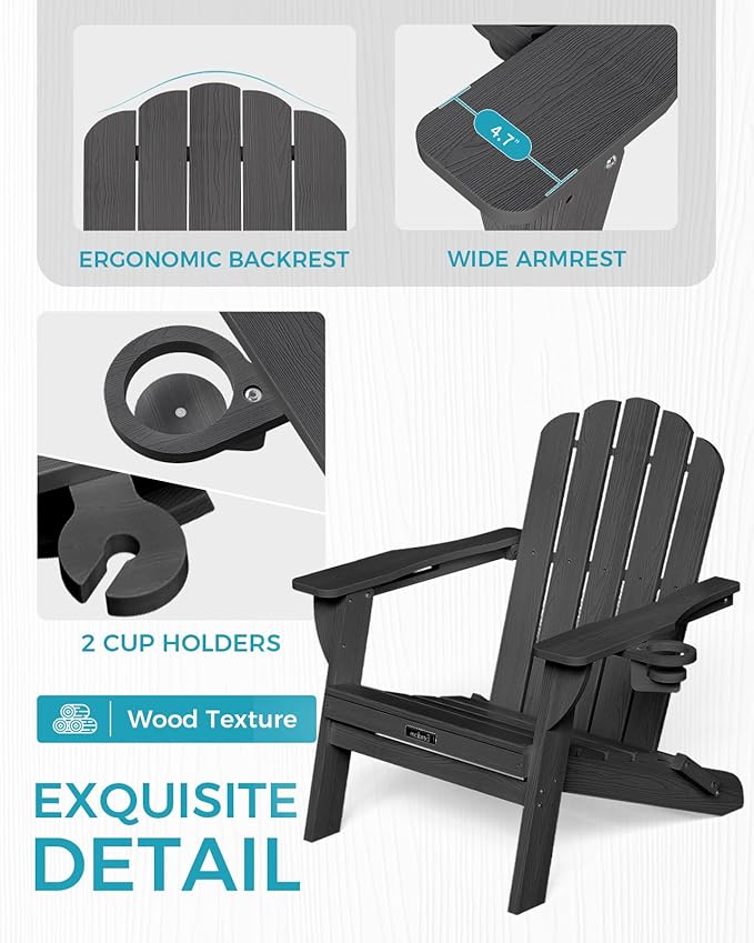Adirondack Chairs Set of 4, Foldable Adirondack Chairs with 2 Cup Holder, Wood Texture HDPE Fire Pit Chairs - Photo 5