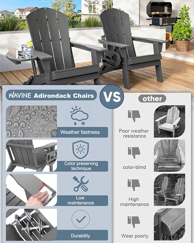 Adirondack Chair Set of 8, HDPE Folding Adirondack Chair with Multifunctional Cup Holder, Weather Resistant Fire Pit Chair for porches, patios, poolsides, Decks.