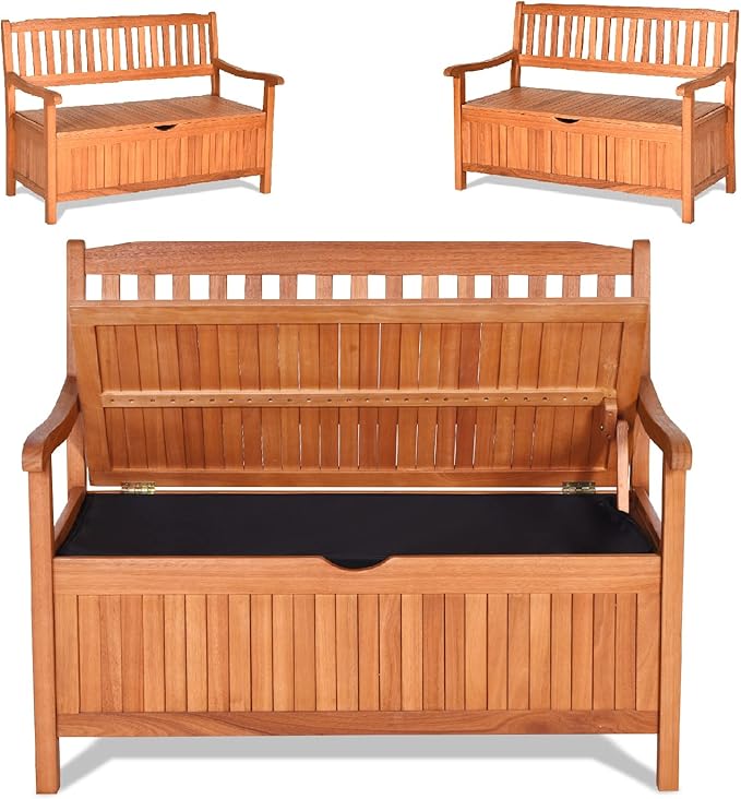 S AFSTAR Outdoor Patio Bench with Storage Box, 33 Gallon Storage Bench Deck Box with Dustproof Liner, Comfort Backrest & Wide Armrest, 800 lbs Capacity, Wood Bench for Garden Patio Park Porch