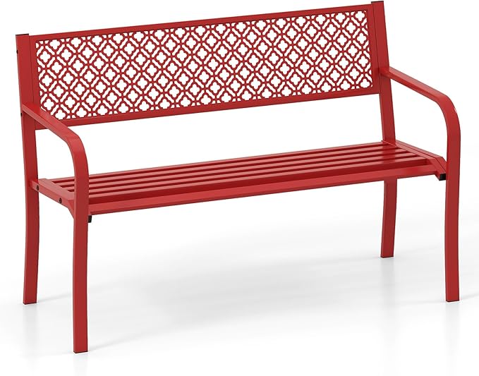 Tangkula 50 Inches Outdoor Garden Bench, Metal Patio Park Bench with Geometric Lattice Backrest, Armrests and Slatted Seat, Outdoor Loveseat Chair for Porch, Lawn and Yard (Red)