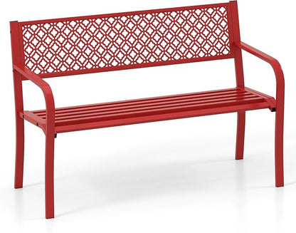Tangkula 50 Inches Outdoor Garden Bench, Metal Patio Park Bench with Geometric Lattice Backrest, Armrests and Slatted Seat, Outdoor Loveseat Chair for Porch, Lawn and Yard (Red)