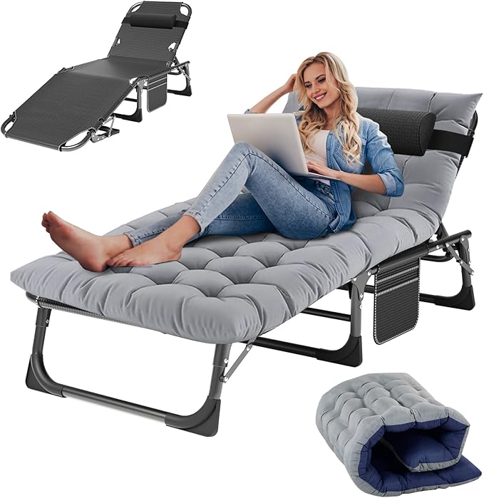 Slsy Folding Lounge Chairs Outdoor, Adjustable Sleeping Cot Chair, Portable Folding Bed Cot Chaise Lounge Chairs for Outside Beach Lawn Camping Pool Sun Tanning