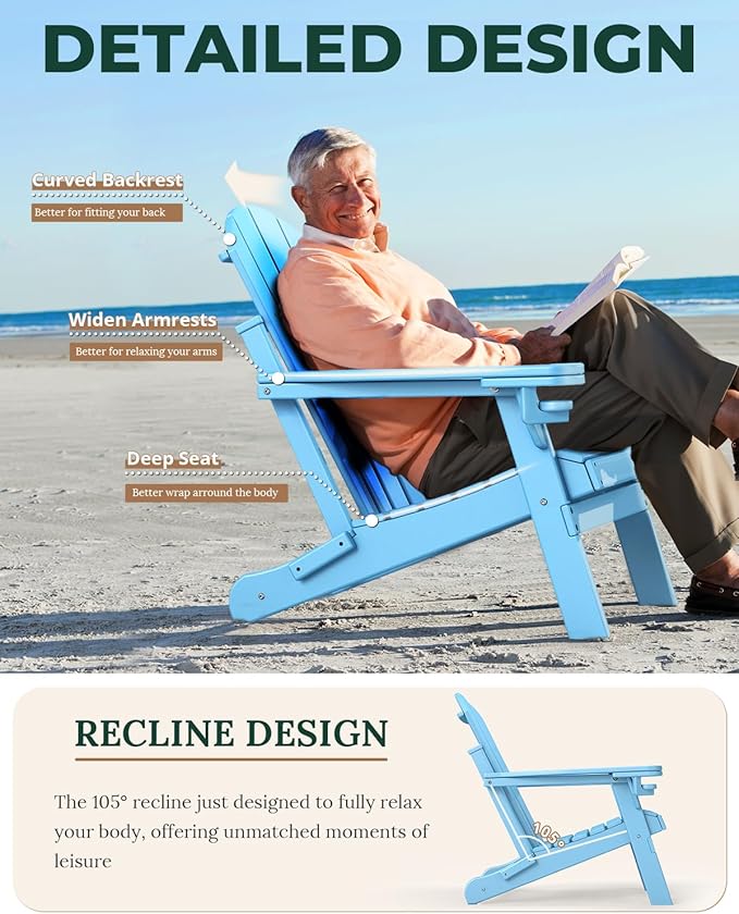 BRIOPAWS Folding-Adirondack-Chairs Set of 4 | HDPE | Fire Pit Chair | Cup Holder | Weather Resistance | Arctic | for Outdoor Backyard Deck Patio