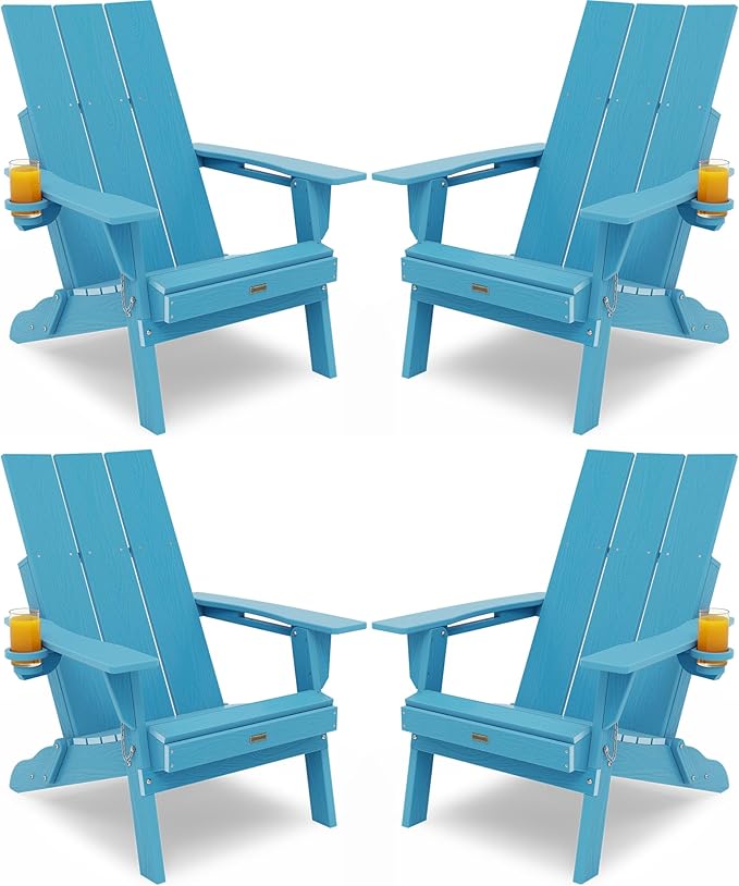 Adirondack Chair with Cup Holder: Folding Adirondack Chairs Set of 4 Plastic HDPE Material Furniture - Modern Composite Fire Pit Chairs Foldable for Outdoor/Backyard/Garden/Lawn/Deck/Porch